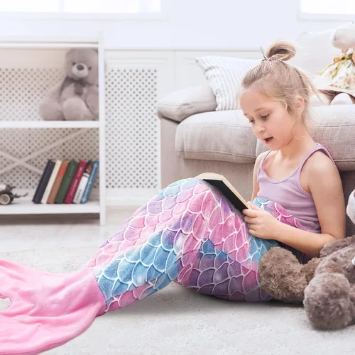 Miniatura 6 de WERNNSAI Manta de Cola de Sirena para Niños - Manta Ponible de Sirena que Brilla en la Oscuridad para Niñas de Invierno Franela Suave con Escamas