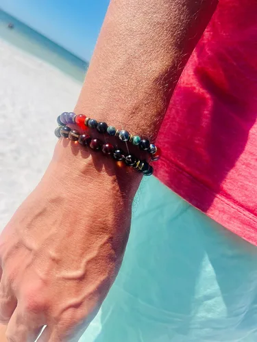 Miniatura 5 de Pulsera unisex para hombre y bienestar con piedras preciosas para energía positiva/fuerza/valor/con cristales naturales ónix negro, cuarzo ahumado