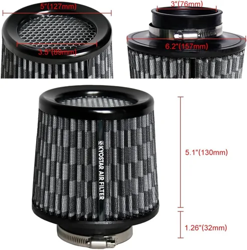 Miniatura 28 de KYOSTAR Filtro de aire universal de alto flujo de 3" (76 mm), entrada de aire frío de cono reutilizable, alto rendimiento, lavable, kit de aire seco