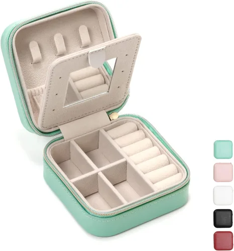TRODANCE Estuche de viaje de joyería con espejo pequeño organizador de joyas de viaje mini organizador de almacenamiento portátil para anillos