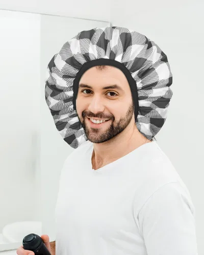 Miniatura 9 de Auban Gorro de ducha, gorro de ducha para mujer, forro de tela de rizo, EVA, exterior, reutilizable, doble capa, impermeable, gorra de baño grande