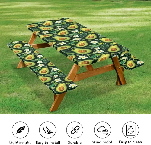 Miniatura 5 de Funda de mesa de picnic con fundas de banco, resistente al viento, resistente a las manchas, mantel de camping y accesorios de viaje, juego de 3