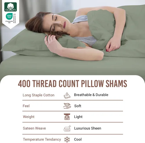 Miniatura 4 de Pizuna Fundas de Almohada de Algodón Puro 100% Tamaño Queen Juego de 2 Color Espuma de Mar, Lujoso Satén de Algodón de Fibra Larga de 400 Hilos