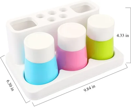 Miniatura 7 de Soporte para cepillo de dientes de 5 agujeros, soporte para pasta de dientes, organizador de baño con 3 tazas de enjuague para conjunto familiar