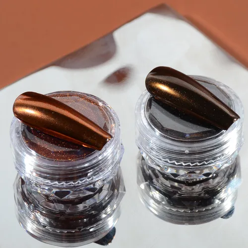 Miniatura 3 de Polvo cromado metálico marrón, 2 tarros estilo Maillard café marrón efecto brillo pigmento cromo polvo polvo puntas manicura con aplicadores