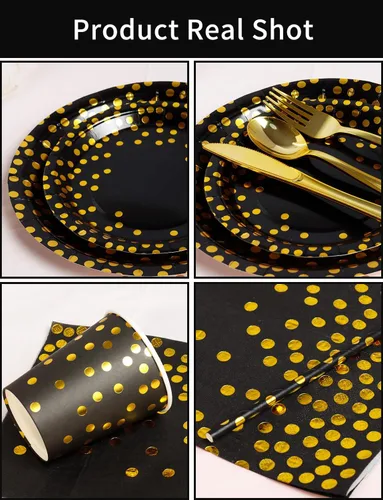 Miniatura 2 de Nkaiso 141 piezas de suministros para fiestas en negro y dorado, juegos de decoración desechables para fiestas que incluyen platos de papel