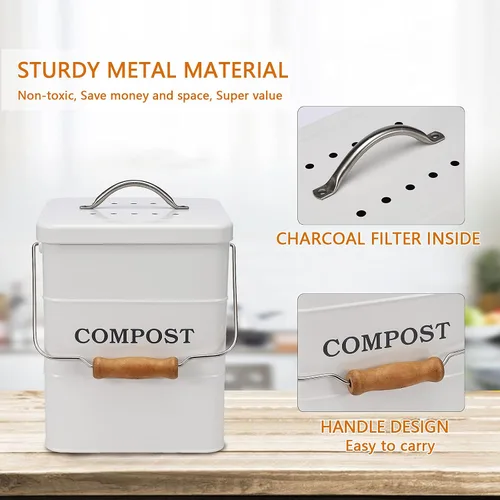 Miniatura 4 de Cubo de compostaje para encimera de cocina, cubo de compostaje para interiores, ideal para restos de comida, acero al carbono, asas, negro, 1 galón