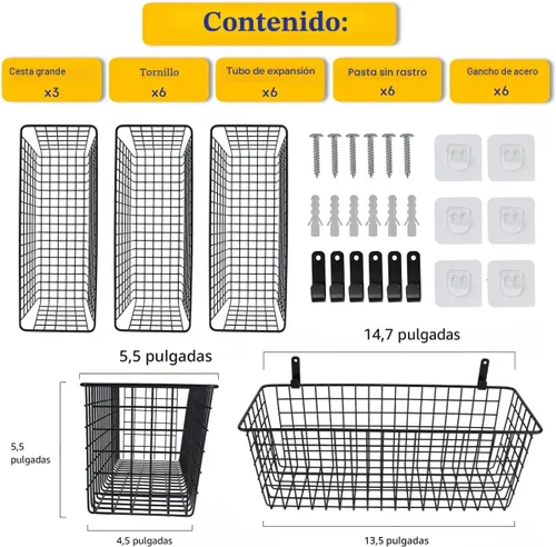 Miniatura 2 de Joben Oligey Juego de 3 cestas colgantes de pared [extragrandes], cesta de alambre para almacenamiento de despensa, almacenamiento de alimentos
