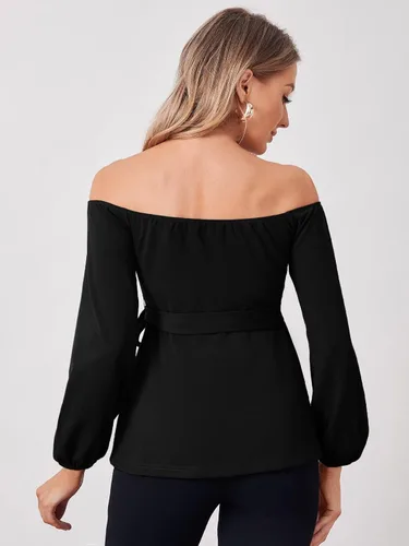 Miniatura 2 de Floerns Blusa de maternidad de manga larga con cinturón y hombros descubiertos para mujer
