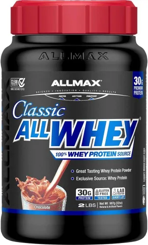 ALLMAX Classic AllWhey - Proteína en polvo de suero de leche, chocolate, 2 libras, 1.06 oz de proteína por cucharada, sin gluten, baja en azúcar,