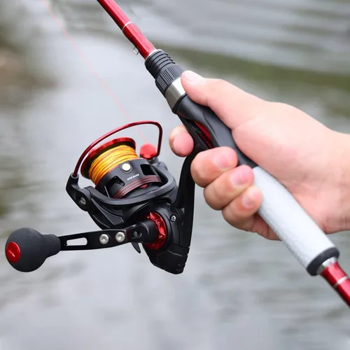 Miniatura 6 de Combo de Carrete y Caña de Pescar One Bass Spirit Flame, Caña de Pescar Giratoria con Blancos de Grafito de 2 Piezas, Guías de Acero Inoxidable Rojo