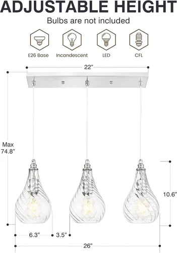 Miniatura 5 de TENGXIN Lámpara colgante de 3 luces para islas de cocina, níquel cepillado de 6 pulgadas con vidrio a rayas, estilo granja, ideal para comedores