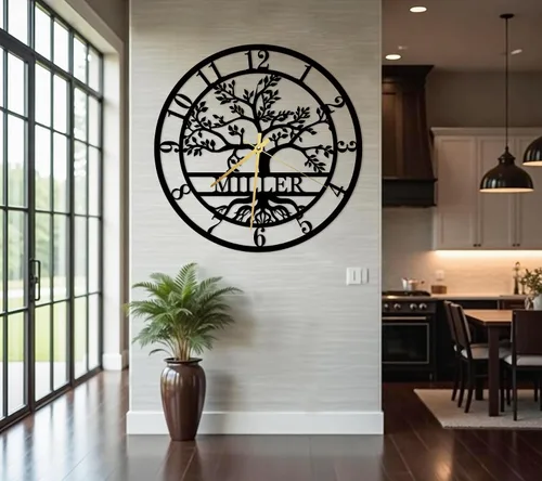 Miniatura 6 de Reloj de pared de metal personalizado con el árbol de la vida, decoración de pared con apellido personalizado, reloj silencioso, decoración