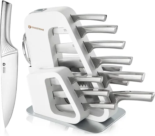 Miniatura 10 de KINGSTONE Juego de cuchillos de cocina con bloque, juego de 14 cuchillos de acero inoxidable alemán con afilador integrado, juego de bloques de Nogal