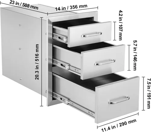 Miniatura 8 de VEVOR Cajones de cocina para exteriores de 14 x 20.3 pulgadas, cajones triples de montaje empotrado, 14 pulgadas de ancho x 20.3 pulgadas de alto x
