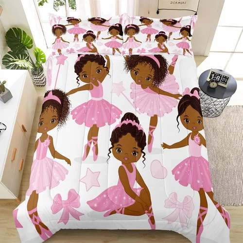 Juego de ropa de cama individual para niñas, juego de edredón mágico afroamericano con bailarina de ballet, juego de cama rosa para niños pequeños,