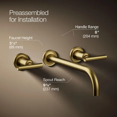 Miniatura 2 de KOHLER Purist - Grifo para fregadero de baño de montaje en pared con 9 pulgadas, boquilla de ángulo de 90 grados y manijas de palanca, requiere