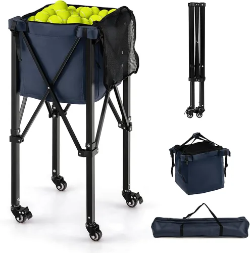 GYMAX Tolva de pelota de tenis, carrito plegable para 150 pelotas de tenis con bolsa de transporte, marco de fácil montaje, bolsa extraíble y 4