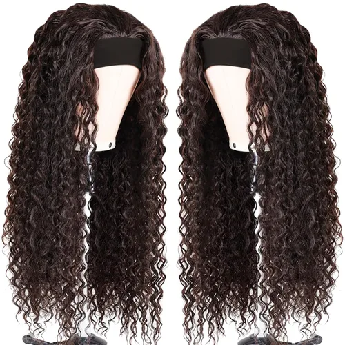 Miniatura 18 de Peluca de cabello humano con diadema de ondas profundas, sin pegamento, pelucas de cabello rizado sin encaje frontal, pelucas de cabello humano