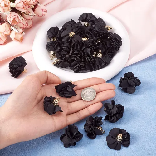 Miniatura 4 de Cheriswelry 50 colgantes de tela de tela de flores de tela negra con pétalos florales con tapa dorada en forma de campana para manualidades, aretes