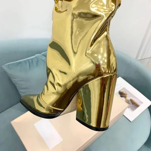 Miniatura 27 de Vertundy Botas altas hasta la rodilla metálicas con punta puntiaguda para mujer, botas altas de tacón alto de charol plisadas, botas largas plisadas