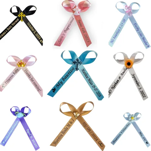 Cintas personalizadas para nupcial shower, boda, favores de fiesta o baby showers - Cinta cortada personalizada con nombre, 50, 100 opcional, lazos
