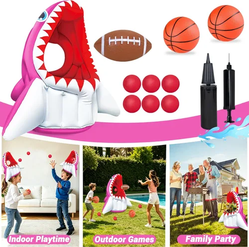 Miniatura 2 de YongnKids Juguete de piscina de tiburón para niños de 4 a 8 años, flotadores inflables 3 en 1 con aro de baloncesto y fútbol y juegos de lanzamiento