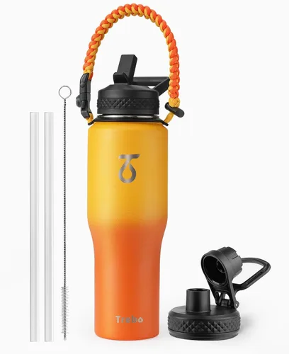 Miniatura 15 de Trebo Botella de agua de 40 onzas con aislamiento que cabe en portavasos de automóvil con asa, botellas de agua de acero inoxidable vaso con tapas