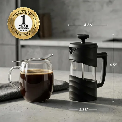 Miniatura 7 de OVENTE Cafetera de Prensa Francesa de 12 Onzas con Vidrio de Borosilicato Resistente al Calor y Sistema de Filtración de 4 Niveles de Acero