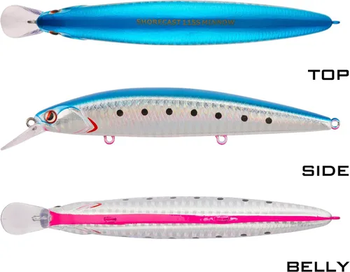 Miniatura 7 de LITTMA ShoreCast - Señuelo de pesca de agua salada 115 minnow hundido, cebo duro de pesca de surf de lanzamiento largo para lubina y fletán Bluepink