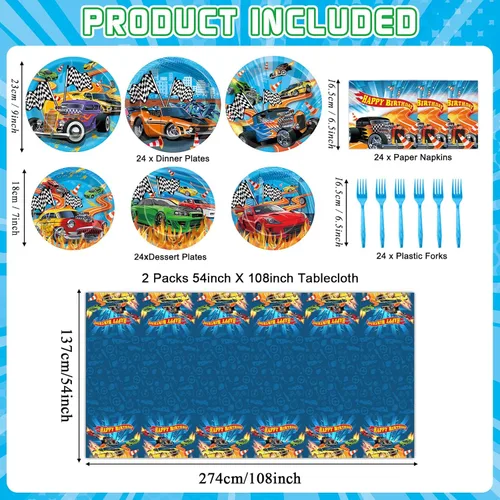 Miniatura 2 de 98 piezas de suministros de fiesta de autos de carreras, platos de papel para autos calientes, servilletas, manteles temáticos de carreras, cubierta