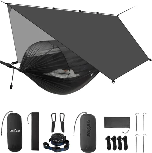 Miniatura 9 de Sunyear Hamaca de camping con red, hamaca doble y individual con red similar a la casa, fácil de instalar y empacar, ligera y portátil, perfecta