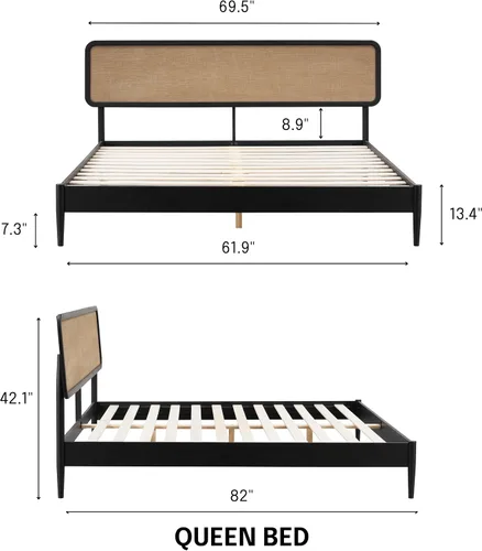 Miniatura 2 de NTC Lupin - Base de cama de madera con cabecero, base de madera de roble macizo y goma con listones silenciosos y soportes centrales de madera