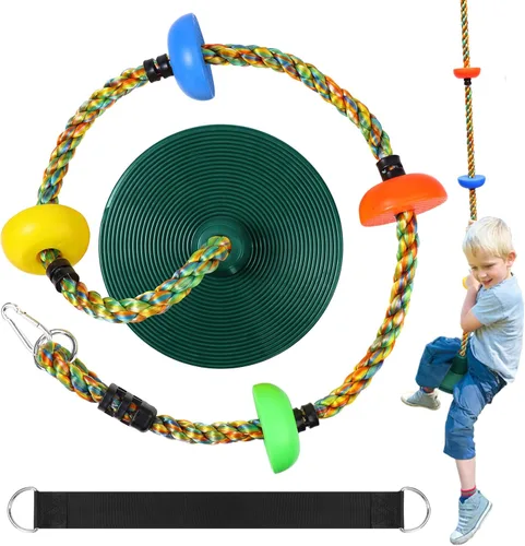 Miniatura 9 de Columpio de árbol para niños, juego de cuerda de escalada de asiento de un solo disco resistente con correa para colgar y mosquetones de plataforma