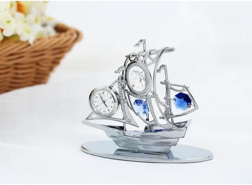 Miniatura 3 de Matashi Adorno de reloj de vela plateado cromado con cristales azules, elegante reloj de mesa para sala de estar o hogar, regalo de recuerdo