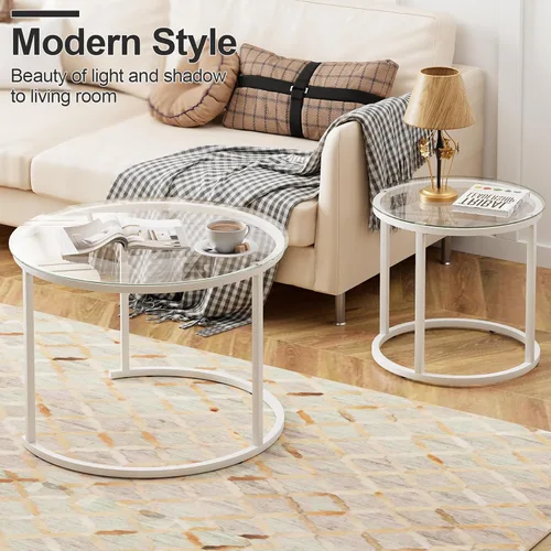 Miniatura 3 de aboxoo Juego de 2 mesas de cristal anidables blancas, pequeñas mesas redondas de vidrio para sala de estar, dormitorio, mesa de té decorativa
