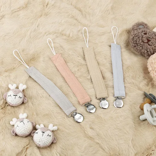 Miniatura 2 de Clip para chupete para bebé, niño y niña, de tela suave de lino con clip para Binky, soporte para correa, unisex, paquete de 4 unidades (azul)