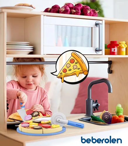 Miniatura 7 de Conjunto de Comida de Juguete de Pizza de Madera - 24 Piezas de Juguetes de Corte, Accesorios de Cocina de Juego de Simulación para Niños Pequeños