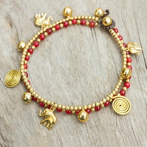 Miniatura 3 de NOVICA cuarzo Latón Beaded Anklet, 9.5" "Bell de oro