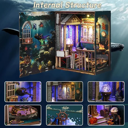 Miniatura 2 de Kits de rincón de libro para adultos, rompecabezas 3D misterioso del océano con LED, diorama de naufragio pirata y decoración de conchas marinas