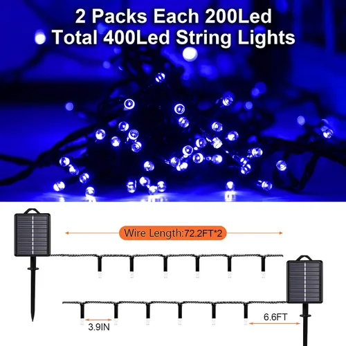 Miniatura 6 de Guirnalda de luces solares azules impermeables para exteriores, paquete de 2 unidades de 144 pies, 400 LED con 8 modos de impermeabilidad IP44