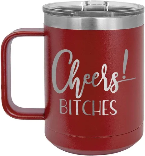 CHEERS BITCHES - Taza de café de 15 oz con tapa deslizante | Taza de café de viaje aislada | Ideas de regalo únicas de mujeres u hombres | Compare