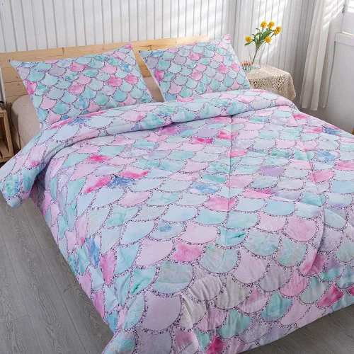 MUSOLEI Juego de edredón de sirena para niñas, colcha de sirena con escamas arcoíris 3D, juego de ropa de cama twin duradero para niñas, juego de