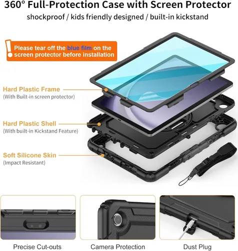 Miniatura 3 de DUNNO Funda para Samsung Galaxy Tab A9+ Plus de 11 pulgadas 2023, a prueba de golpes con protector de pantalla, soporte giratorio de 360°, correa