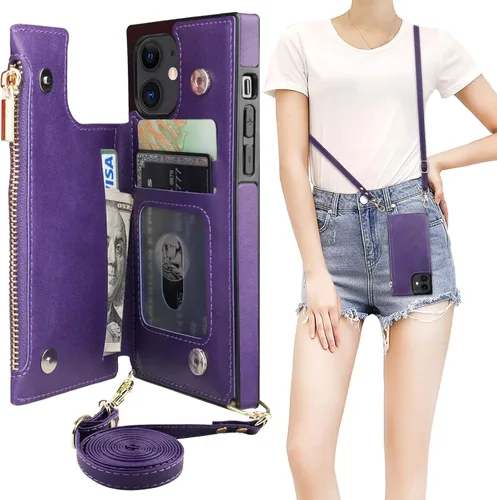 Miniatura 23 de Bocasal Funda tipo cartera cruzada para iPhone 12 Pro Max con tarjetero, protector de ranura para tarjetas con cremallera, a prueba de golpes