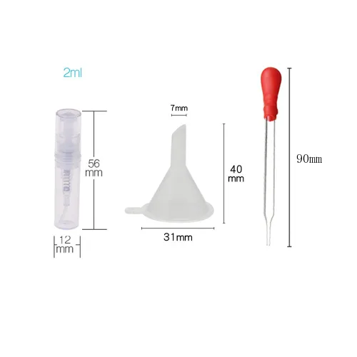 Miniatura 2 de 150 piezas Mini atomizador de botella de plástico de 0.07 onzas líquidas, botella de perfume recargable, botella de muestra vacía con 2 mini embudos