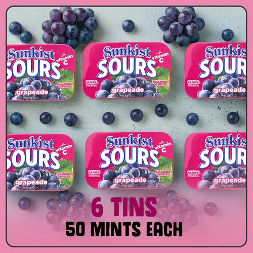 Miniatura 5 de Sunkist Sours Grapeade, vitamina C, caramelo agrio sin azúcar, lata de 1.76 onzas, bandeja de 6