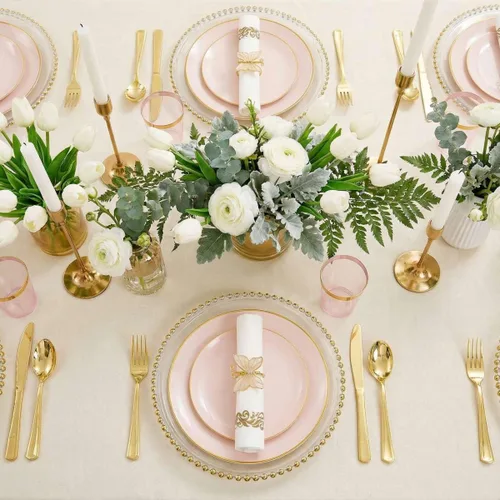 Miniatura 7 de Rubtlamp Juego de 210 platos de plástico rosa con cubiertos de plástico dorado que incluye 30 platos de cena rosa y 30 platos de postre, cubiertos