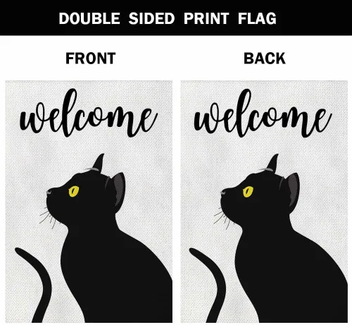 Miniatura 2 de AOYEGO Bandera vertical de bienvenida para casa de gato, arpillera de doble cara, gato negro con ojos amarillos, decoración de temporada al aire