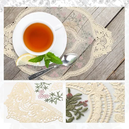 Miniatura 5 de Mixweer 10 manteles individuales de encaje beige ovalados bordados para mesa, manteles individuales retro franceses de ganchillo para boda, fiesta